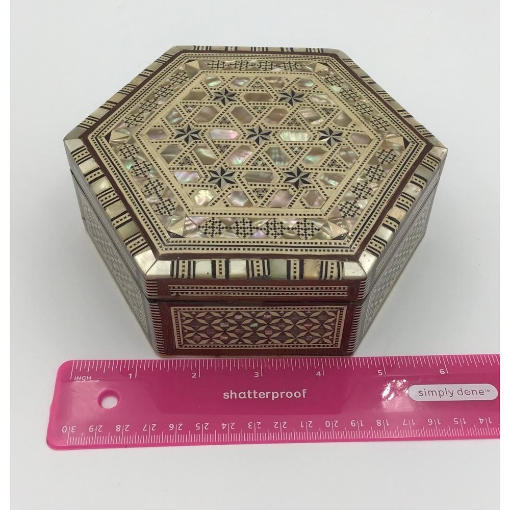 Vintage Marquetry Inlay Jewelry Box Mother of Pearl Wood Mosaic Star 6in - Picture 3 of 10